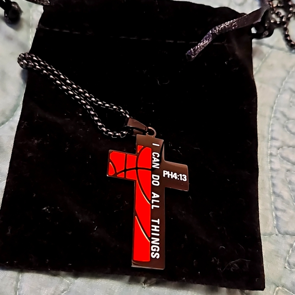 Philippians 4:13 basketball cross necklace